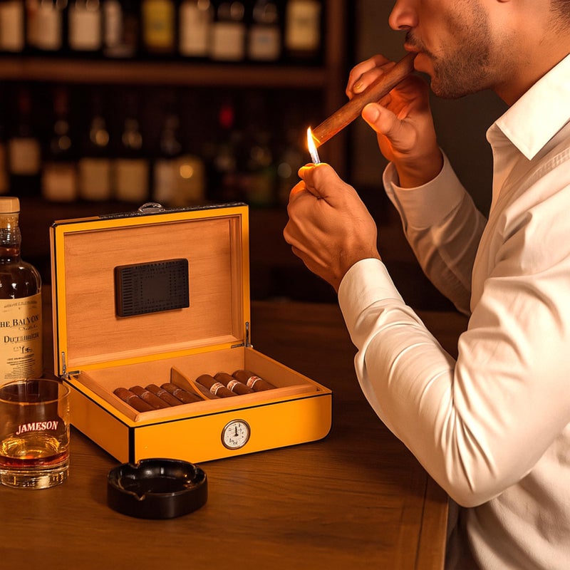 Bey-Berk Yellow Lacquered Cigar Humidor â€“ Holds 25 Cigars, Spanish Cedar Storage Box with Hygrometer, Chrome Accents - Image 4